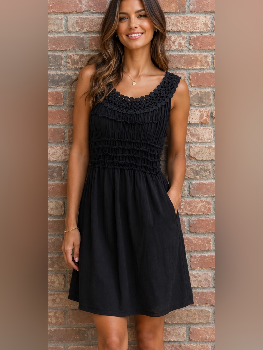 MaxMara Black Sleeveless Crochet Yoke Mini Dress